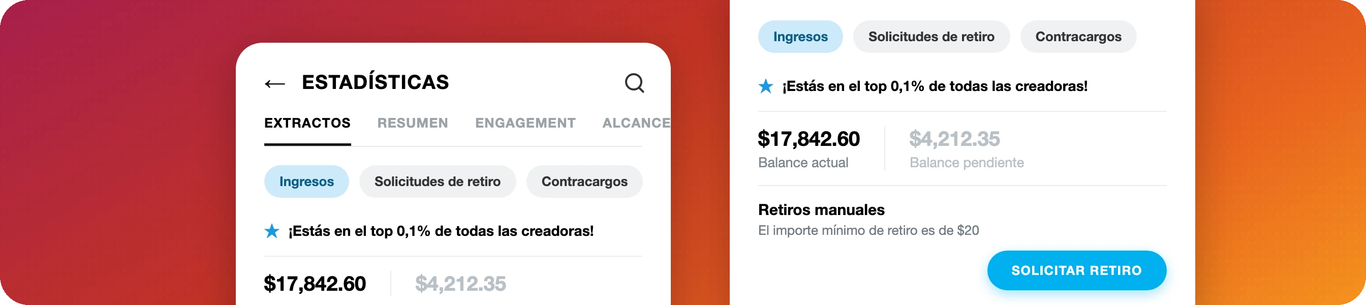 Panel de estadísticas de una creadora con balance y retiros