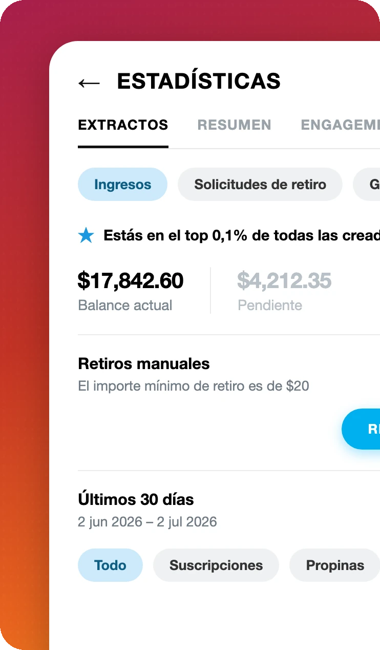 Panel de estadísticas estilo OnlyFans con balance y retiros